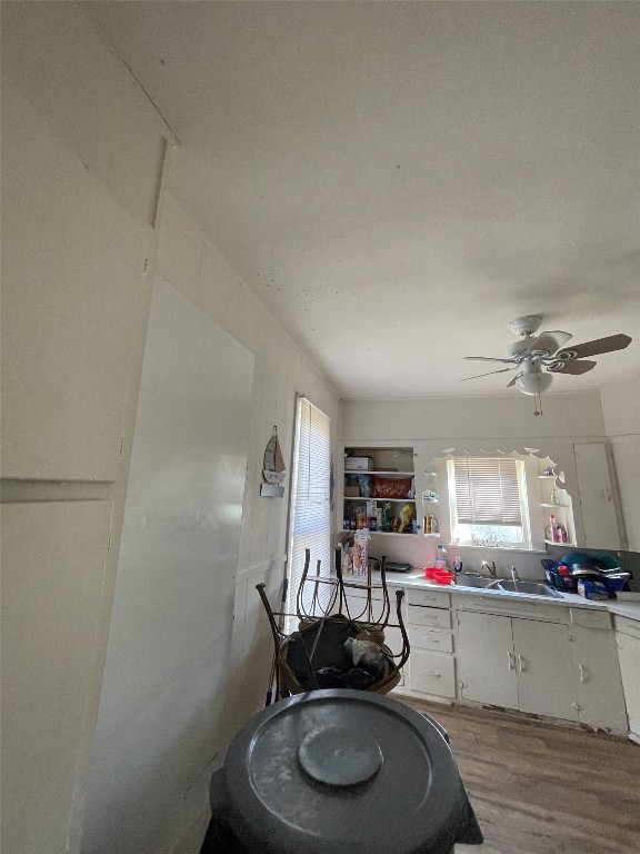 interior space featuring light hardwood / wood-style flooring, ceiling fan, white cabinetry, and sink