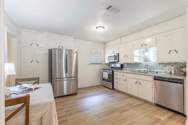 kitchen featuring stainless steel appliances, light wood-type flooring, sink, and decorative backsplash