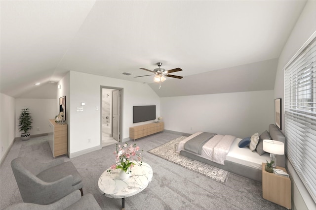 living room featuring light carpet, lofted ceiling, and ceiling fan