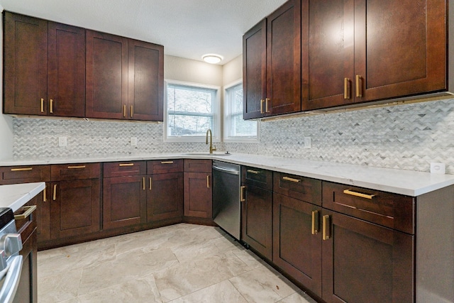 kitchen with light tile flooring, sink, stainless steel dishwasher, tasteful backsplash, and dark brown cabinetry