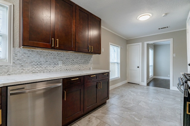 kitchen featuring backsplash, appliances with stainless steel finishes, light tile floors, light stone counters, and dark brown cabinets