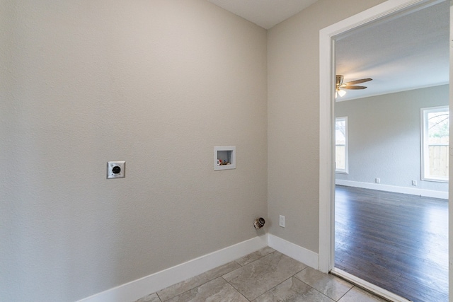 laundry area with washer hookup, hookup for an electric dryer, ceiling fan, and light wood-type flooring