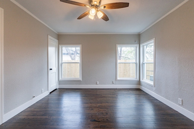 unfurnished room featuring crown molding, ceiling fan, and dark hardwood / wood-style flooring