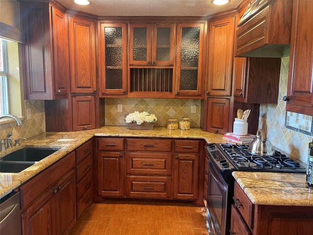 kitchen with dark hardwood / wood-style flooring, brick wall, stainless steel microwave, and beverage cooler