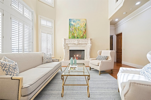 living room featuring a fireplace, ornamental molding, hardwood / wood-style floors, and a towering ceiling