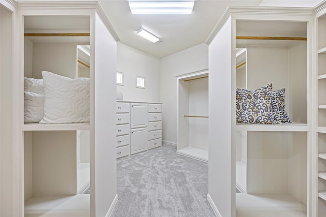 walk in closet with light colored carpet