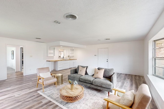 living room featuring a textured ceiling and light hardwood / wood-style floors