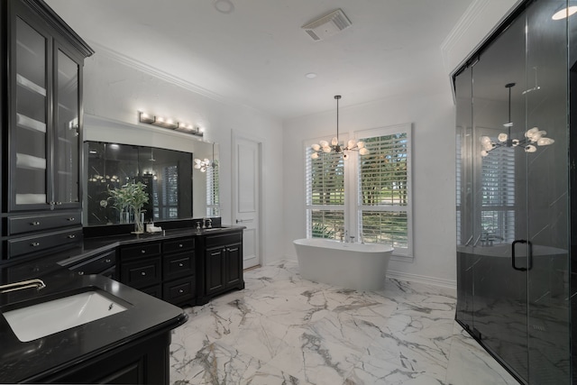 bathroom with vanity, crown molding, independent shower and bath, and a notable chandelier