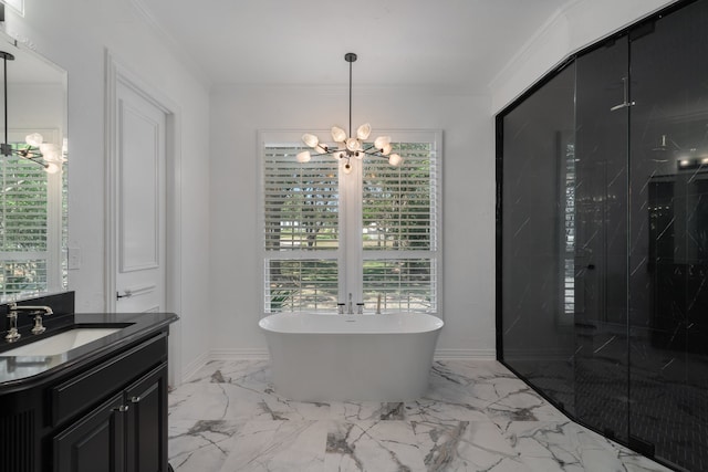 bathroom with vanity, crown molding, plus walk in shower, and plenty of natural light