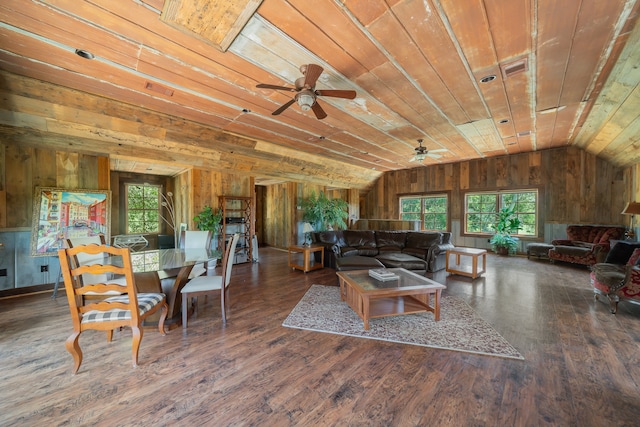 living room featuring wooden walls, vaulted ceiling, wood ceiling, and dark hardwood / wood-style floors