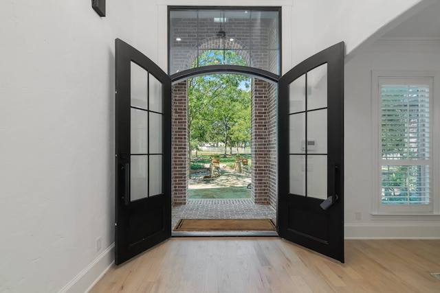 foyer with crown molding, light hardwood / wood-style floors, and plenty of natural light