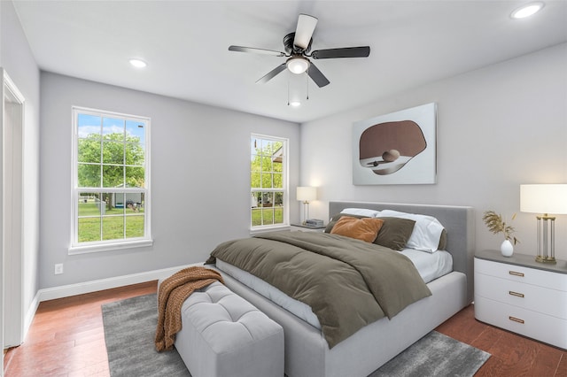 bedroom featuring multiple windows, dark hardwood / wood-style floors, and ceiling fan