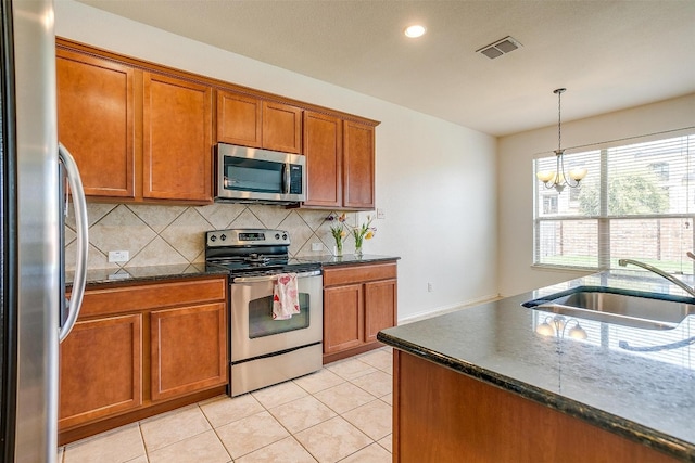 kitchen featuring hanging light fixtures, backsplash, appliances with stainless steel finishes, sink, and a chandelier