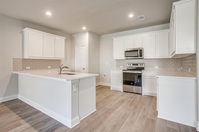 kitchen featuring sink, white cabinetry, stainless steel appliances, kitchen peninsula, and light wood-type flooring