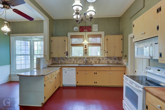 kitchen featuring white appliances, tasteful backsplash, and dark hardwood / wood-style flooring