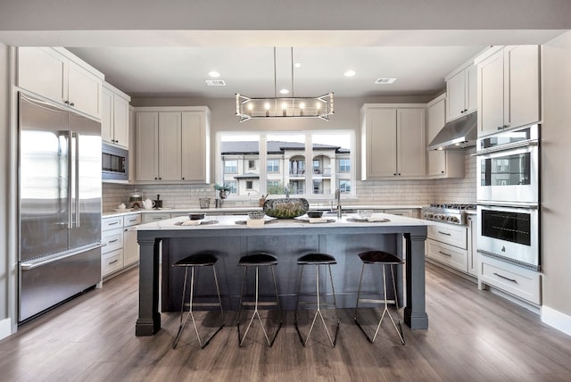 kitchen featuring a kitchen bar, built in appliances, a kitchen island with sink, and tasteful backsplash