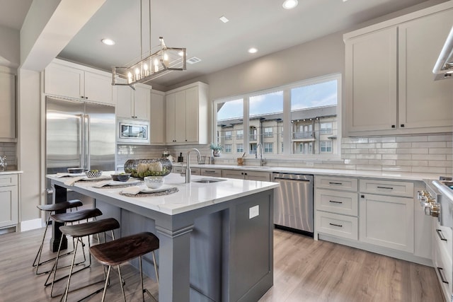 kitchen with built in appliances, pendant lighting, backsplash, a center island with sink, and light wood-type flooring