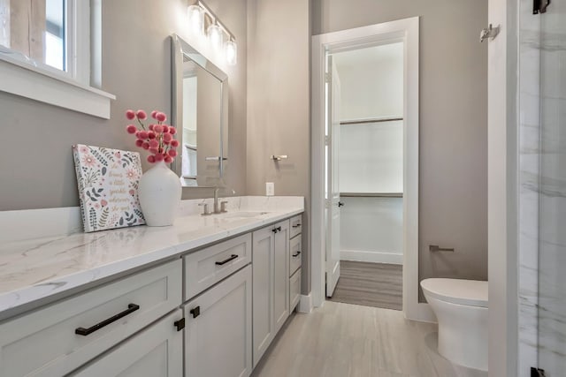 bathroom with hardwood / wood-style flooring, vanity, and toilet