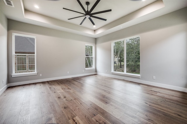 empty room featuring a wealth of natural light, hardwood / wood-style floors, and a tray ceiling