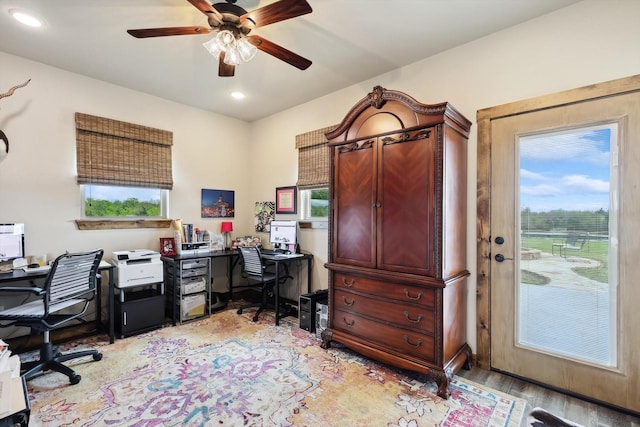 812 Mckenzie Rd, Tioga, TX 76271 - office featuring light wood-type flooring, ceiling fan, and recessed lighting