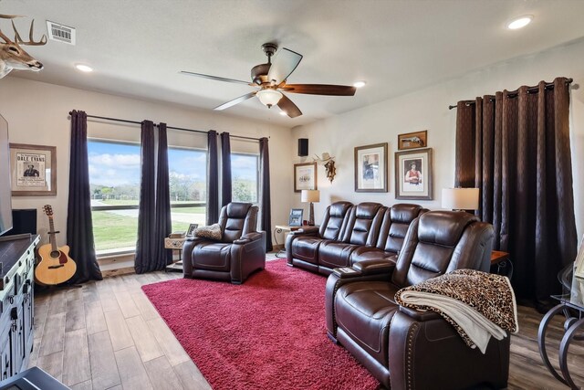 812 Mckenzie Rd, Tioga, TX 76271 - living room with visible vents, recessed lighting, a ceiling fan, and wood finished floors