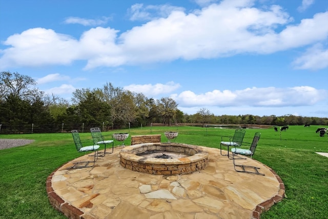 view of terrace featuring an outdoor fire pit