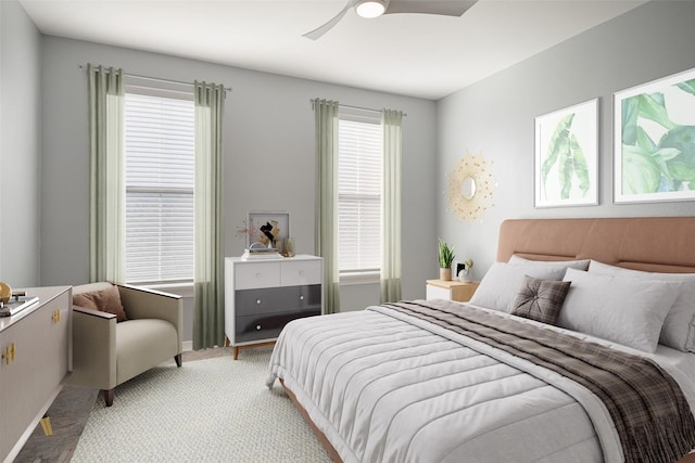 carpeted bedroom featuring ceiling fan