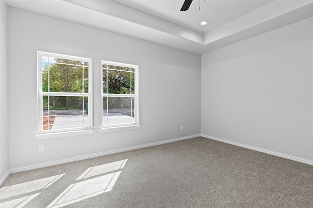 carpeted spare room with ceiling fan