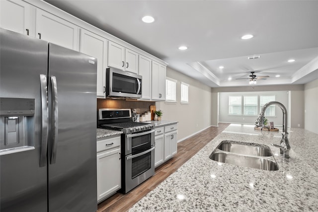 kitchen featuring a tray ceiling, sink, stainless steel appliances, and white cabinets