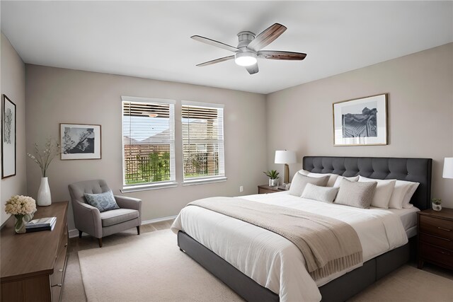 carpeted bedroom featuring ceiling fan