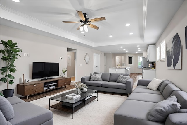 living room with ornamental molding, a raised ceiling, ceiling fan, and light wood-type flooring