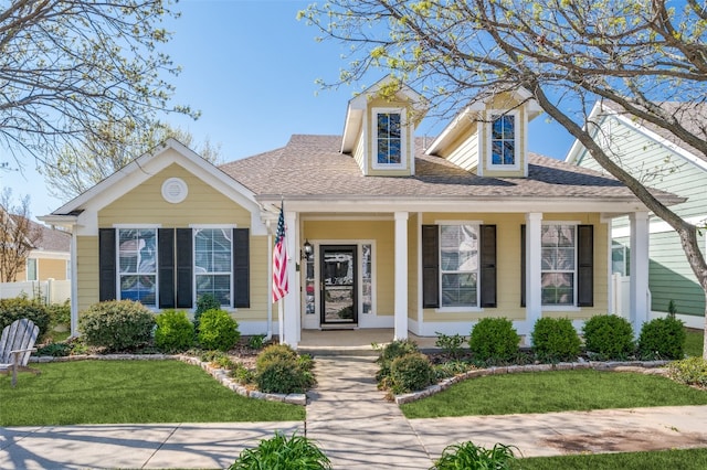 view of front of home featuring covered porch and a front yard