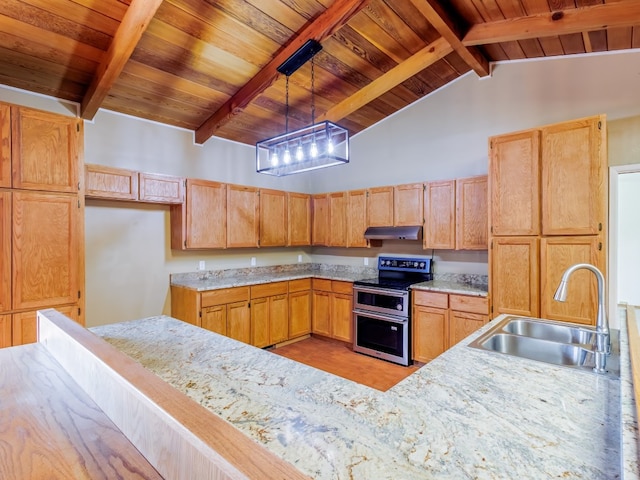 kitchen featuring decorative light fixtures, wood ceiling, beamed ceiling, range with two ovens, and sink