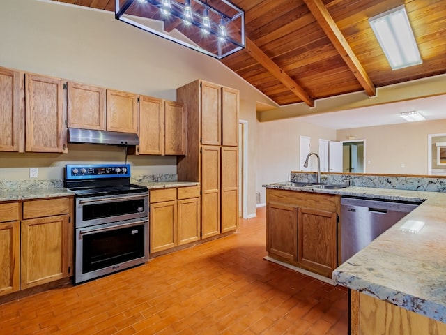 kitchen with vaulted ceiling with beams, wooden ceiling, appliances with stainless steel finishes, sink, and light stone counters