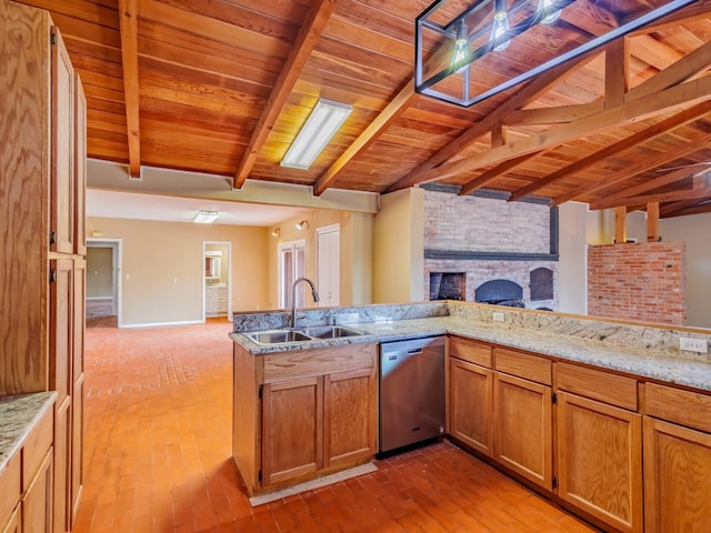 kitchen featuring a large fireplace, sink, light wood-type flooring, dishwasher, and wood ceiling