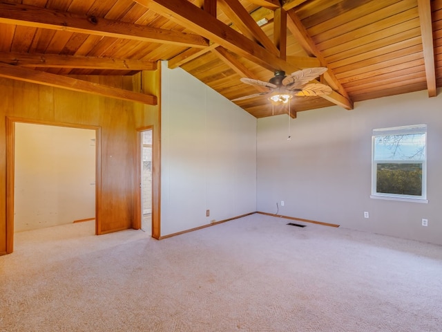 spare room with plenty of natural light, light carpet, ceiling fan, and beamed ceiling