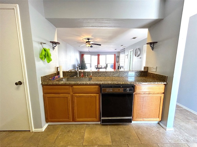 kitchen with kitchen peninsula, dishwasher, ceiling fan, sink, and light tile floors