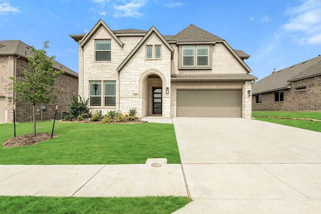 view of front of property featuring central air condition unit, a front lawn, and a garage