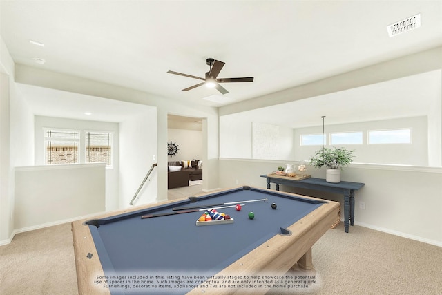 recreation room featuring light carpet, ceiling fan, and billiards