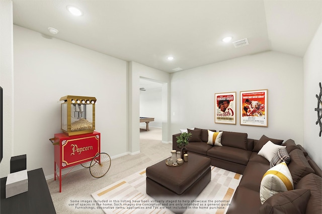 living room featuring light carpet, lofted ceiling, and pool table