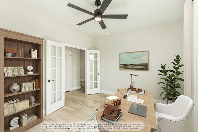 sitting room with ceiling fan, light wood-type flooring, and french doors