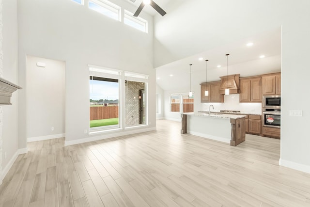 kitchen with stainless steel appliances, a high ceiling, light hardwood / wood-style flooring, decorative light fixtures, and custom range hood