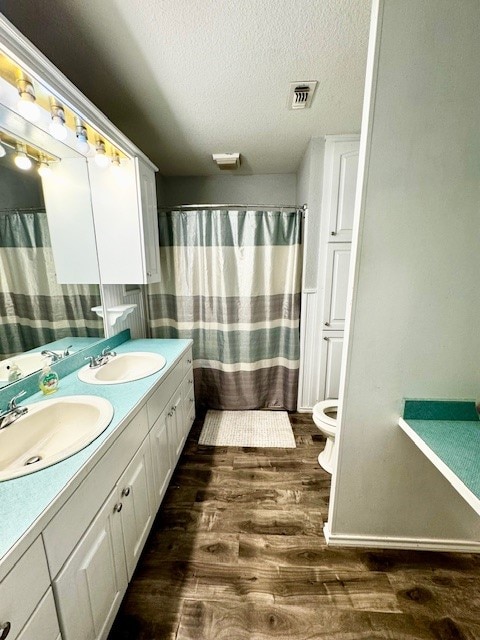 bathroom with a textured ceiling, toilet, double vanity, and wood-type flooring