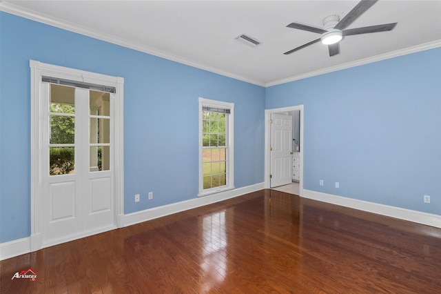 empty room with hardwood / wood-style floors, ceiling fan, ornamental molding, and a healthy amount of sunlight