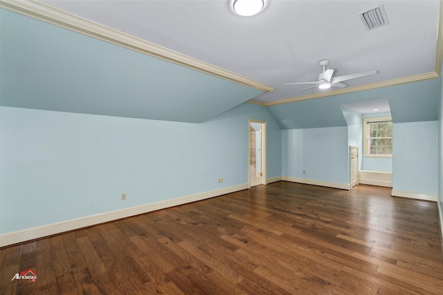 additional living space featuring ceiling fan, dark hardwood / wood-style flooring, and lofted ceiling