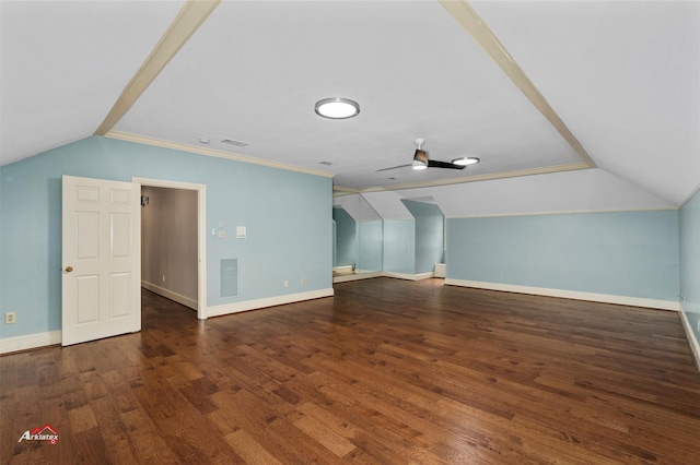 bonus room with ceiling fan, dark hardwood / wood-style flooring, and lofted ceiling