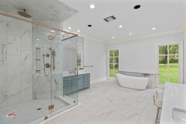 bathroom with separate shower and tub, crown molding, and vanity