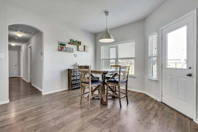 dining space featuring plenty of natural light and dark wood-type flooring