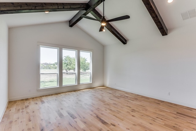 empty room with ceiling fan, beam ceiling, and light hardwood / wood-style floors