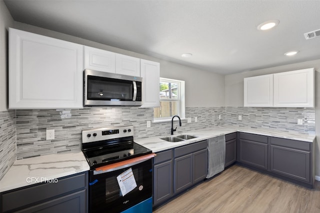 kitchen featuring sink, appliances with stainless steel finishes, tasteful backsplash, white cabinetry, and light wood-type flooring